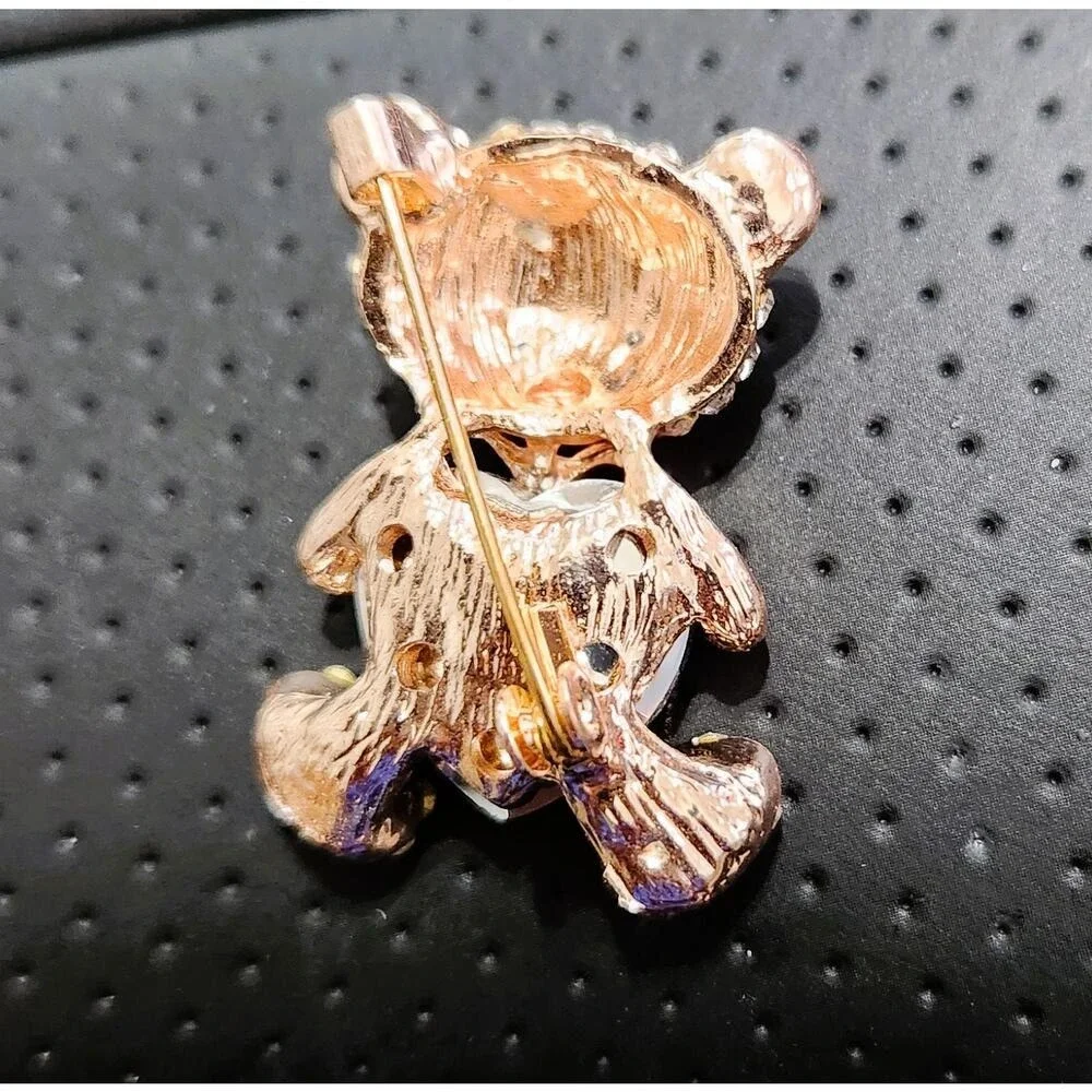 Brooch Rose Gold & Rhinestone Teddy Bear with‎ Red Heart